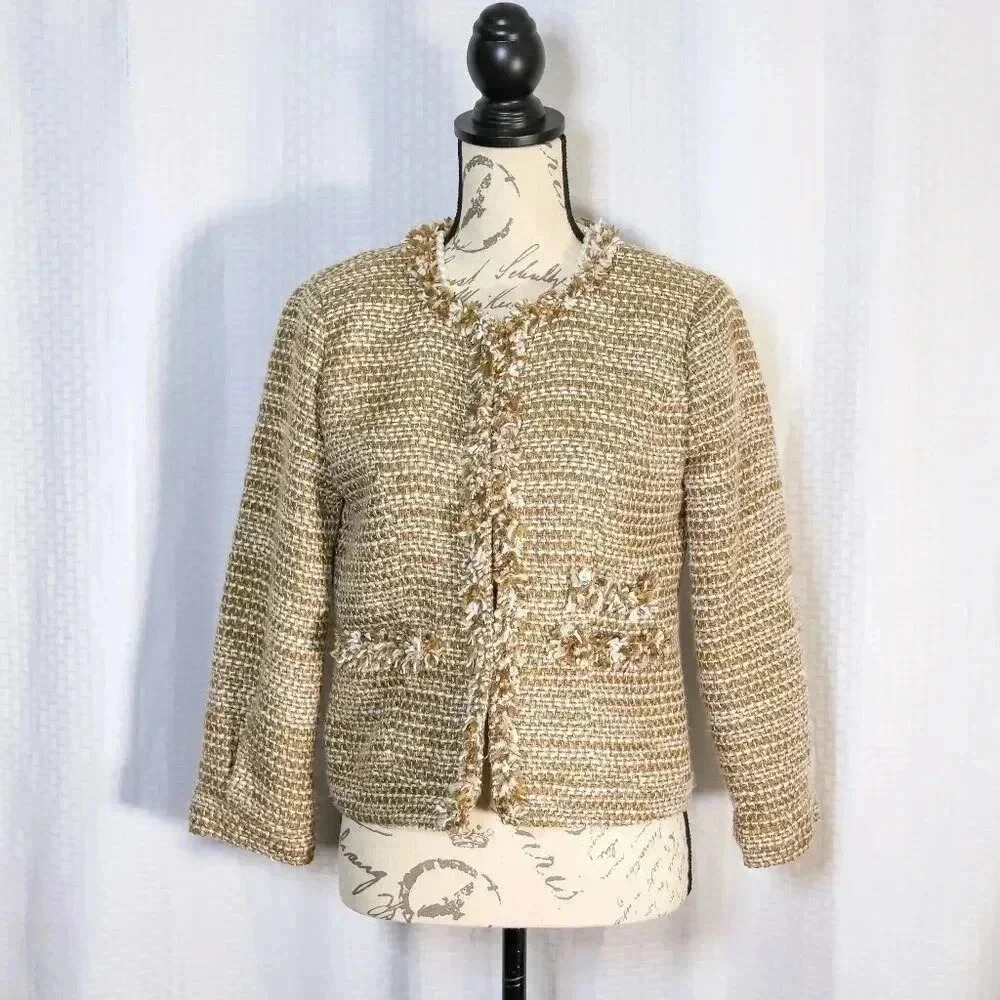 Cabi Size Small brown/white carpet fringe neck pockets gold sparkle thread lined